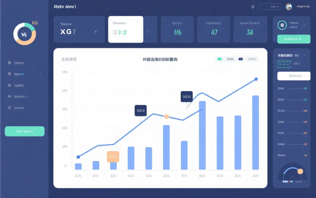 简化足球数据仪表盘风格插图：xG 曲线、压迫强度条形图、阵容站位示意
